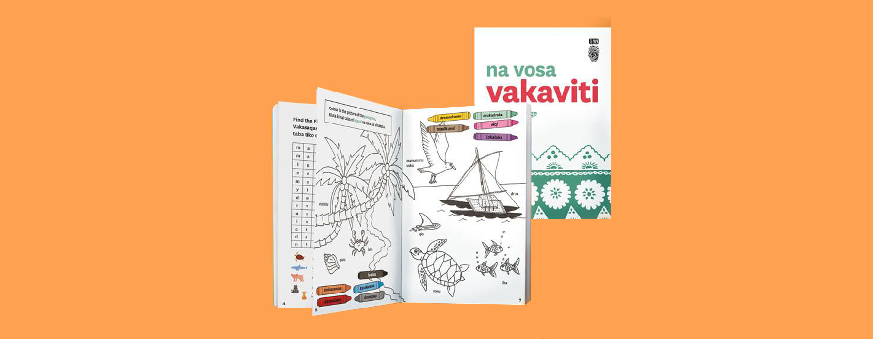 Fiji language activity book cover and page spread on an orange background.