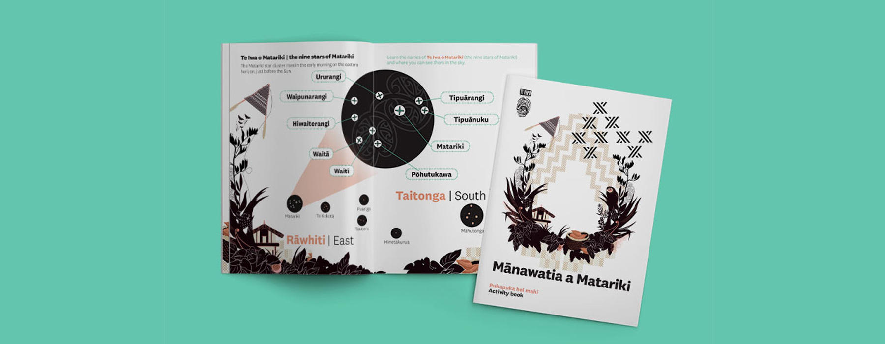 Mānawatia a Matariki activity book cover and page spread on a green background.