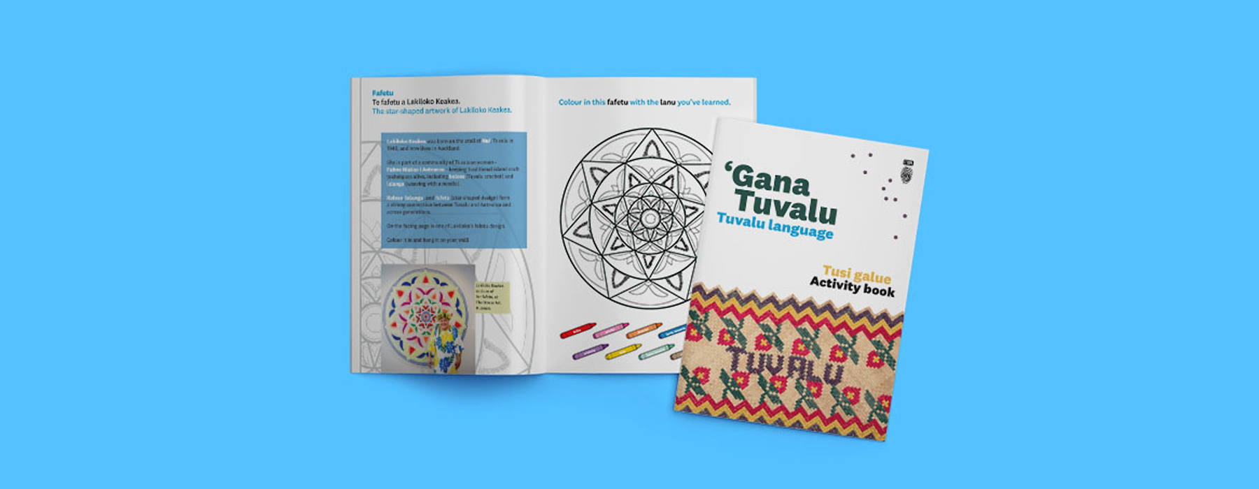 'Gana Tuvalu activity book cover and page spread on a blue background.
