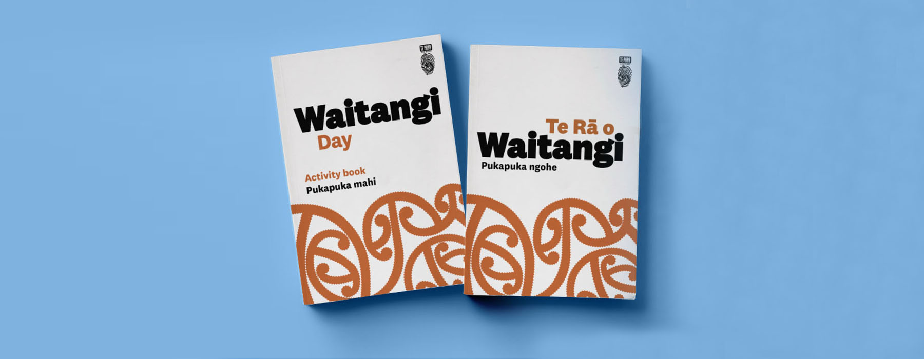 Waitangi Day activity book covers for reo Māori  and English  on a blue background.