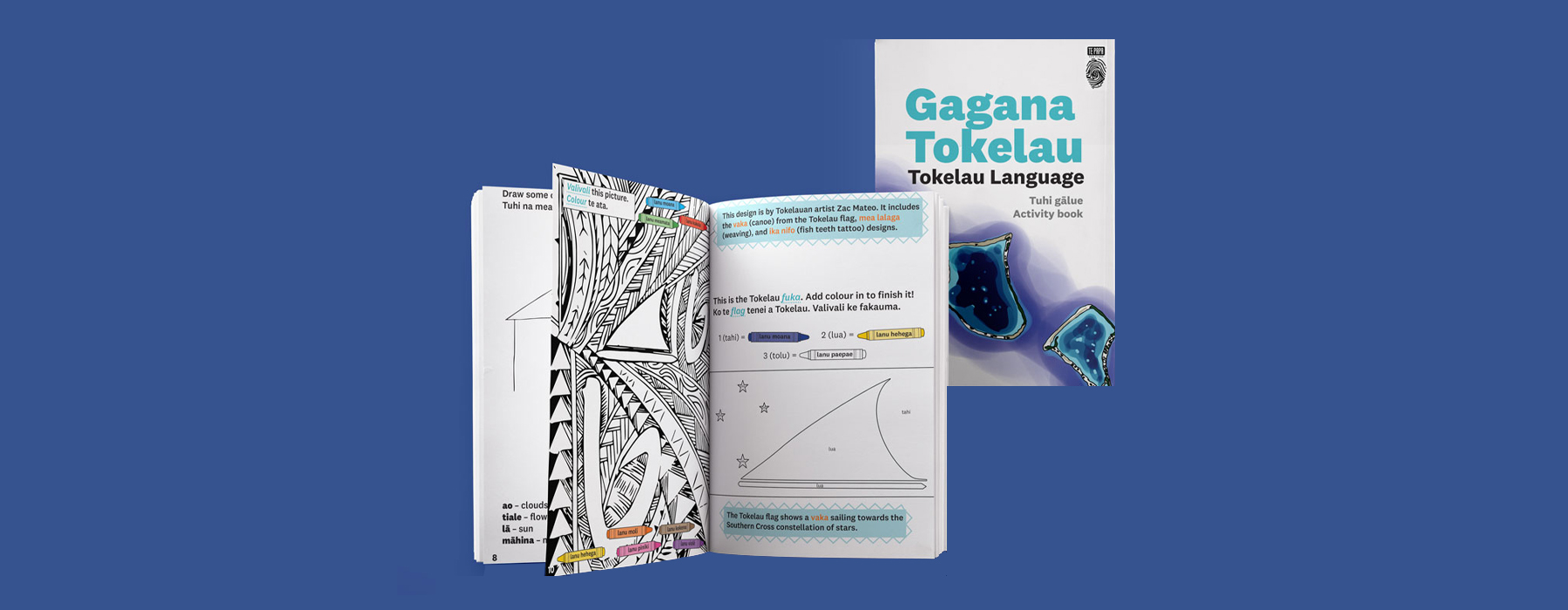 Gagana Tokelau activity book cover and page spread on a blue background.