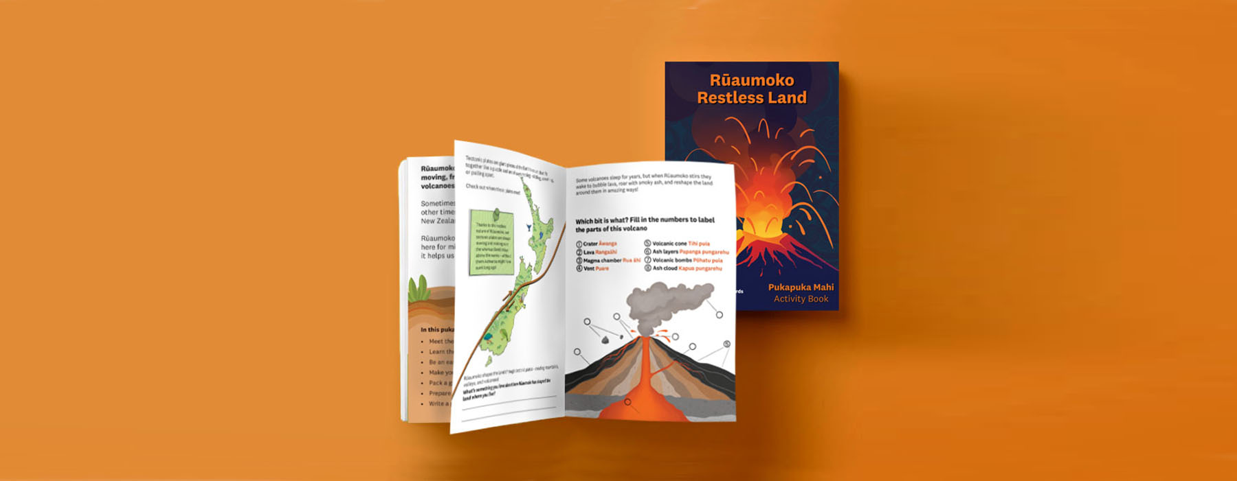 Rūaumoko Restless Land activity book cover and page spread on an orange background.