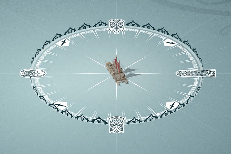 A circle on teal with different Māori symbols at each compass point.