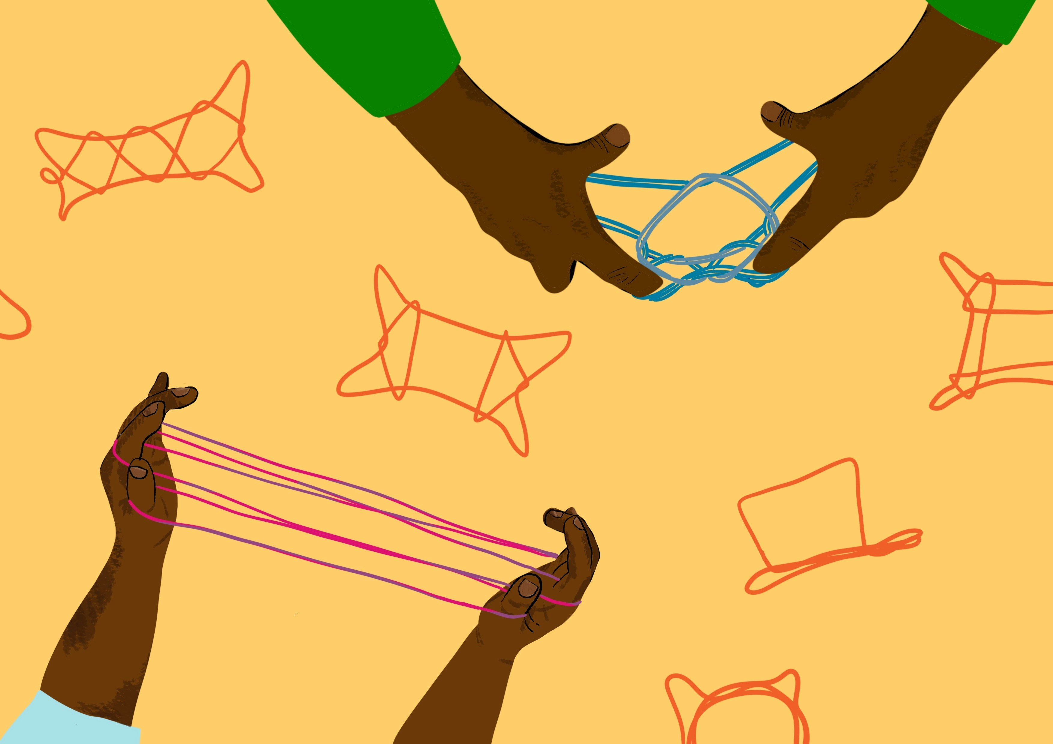 An illustration of two pairs of hands making shapes with string. There are other examples of shapes made with string placed around it.