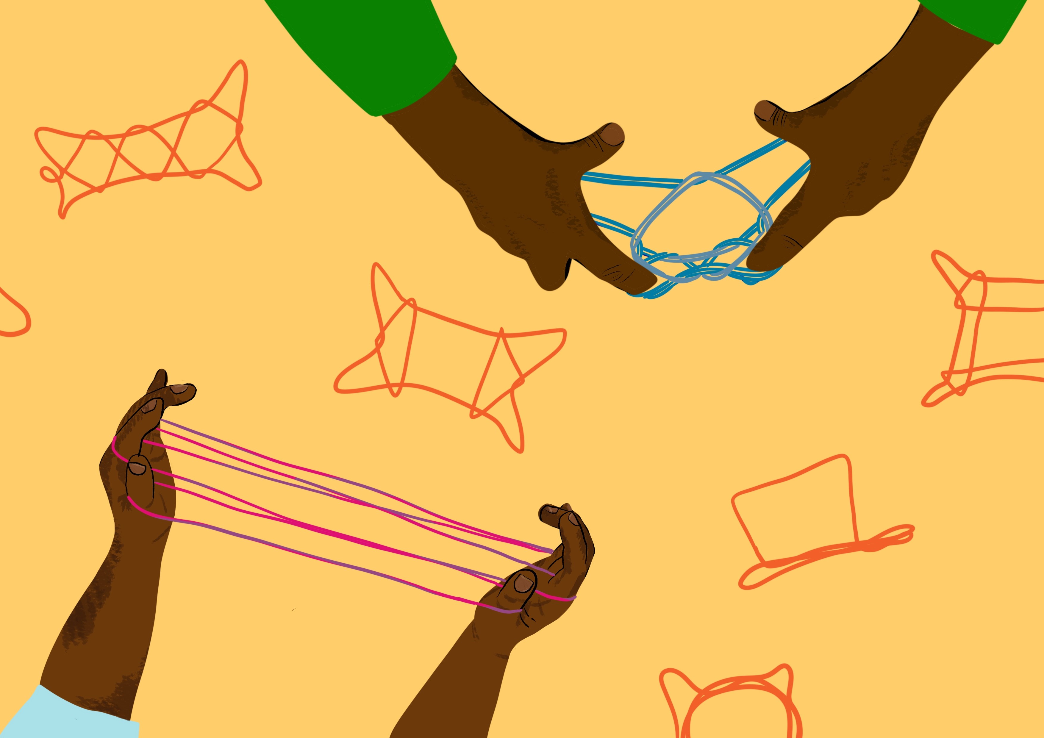 An illustration of two pairs of hands making shapes with string. There are other examples of shapes made with string placed around it.