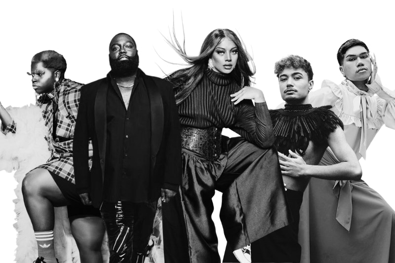 A black and white montage of five people in different poses.