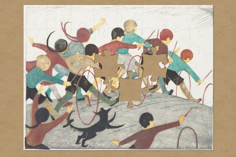 A print of children rolling hoops along a path. There is a dog running with them. It has jigsaw-shaped pieces missing.