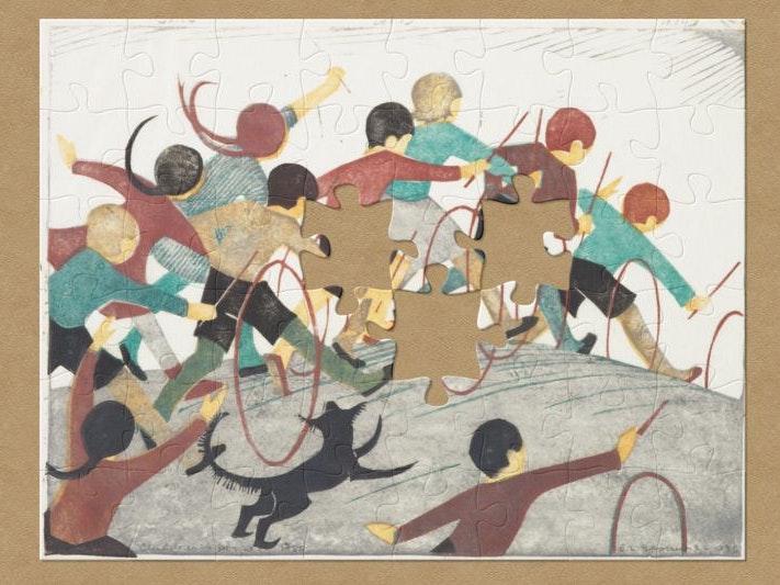 Children's hoops, 1936, by Ethel Spowers. Gift of Rex Nan Kivell, 1953. Te Papa (1953-0003-329) A print of children rolling hoops along a path. There is a dog running with them. It has jigsaw-shaped pieces missing.