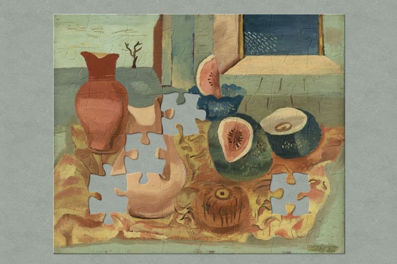A still life paintin of fruit and two jugs. It has jigsaw-shaped peices missing.