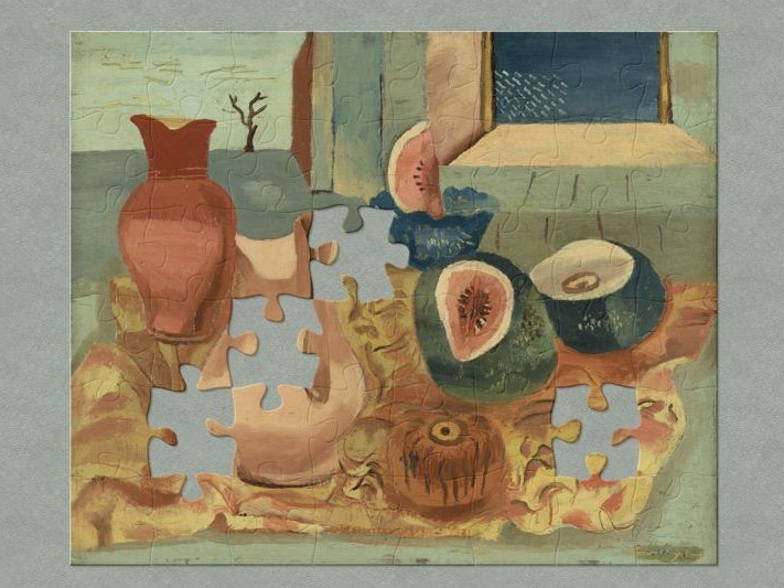 Cut melons, circa 1931, England, by Frances Hodgkins. Purchased 1980 with Special Projects in the Arts funds. Te Papa (1980-0063-2) A still life paintin of fruit and two jugs. It has jigsaw-shaped peices missing.