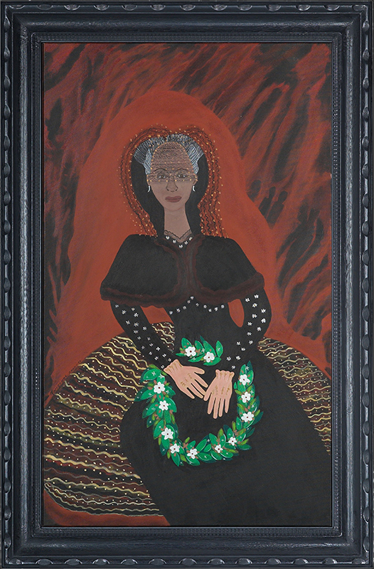 Painting of a woman in mourning dress, with a clematis wreath on her lap.
