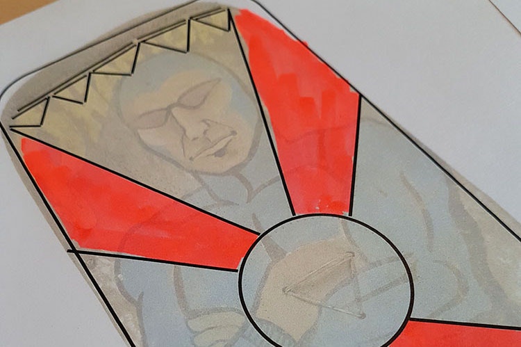 Hand coloured representations of red and white block painted sections reflecting the pattern of the removed lashings.