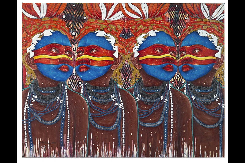 A painting of four different views of the same person wearing ceremonial clothing and facepaint.