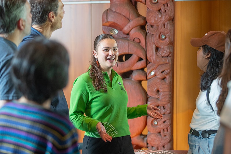 A woman in a green shirt is talking to a group of people while standing in front of a Māori carving.