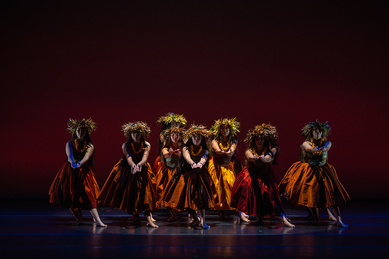 Young women performing hula on a stage, dressed in traditional Hawaiian costume. The lighting is shadowy so their faces are not completely visible. The colours the women are wearing include yellow, red, burnt orange and green. 