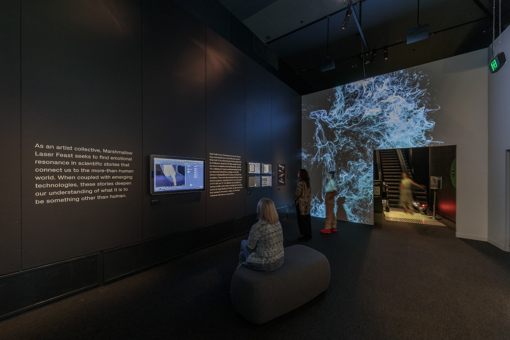 Several people are in a gallery space watching videos on smaller screens. There is a wall of text either side of the main screen in the room.