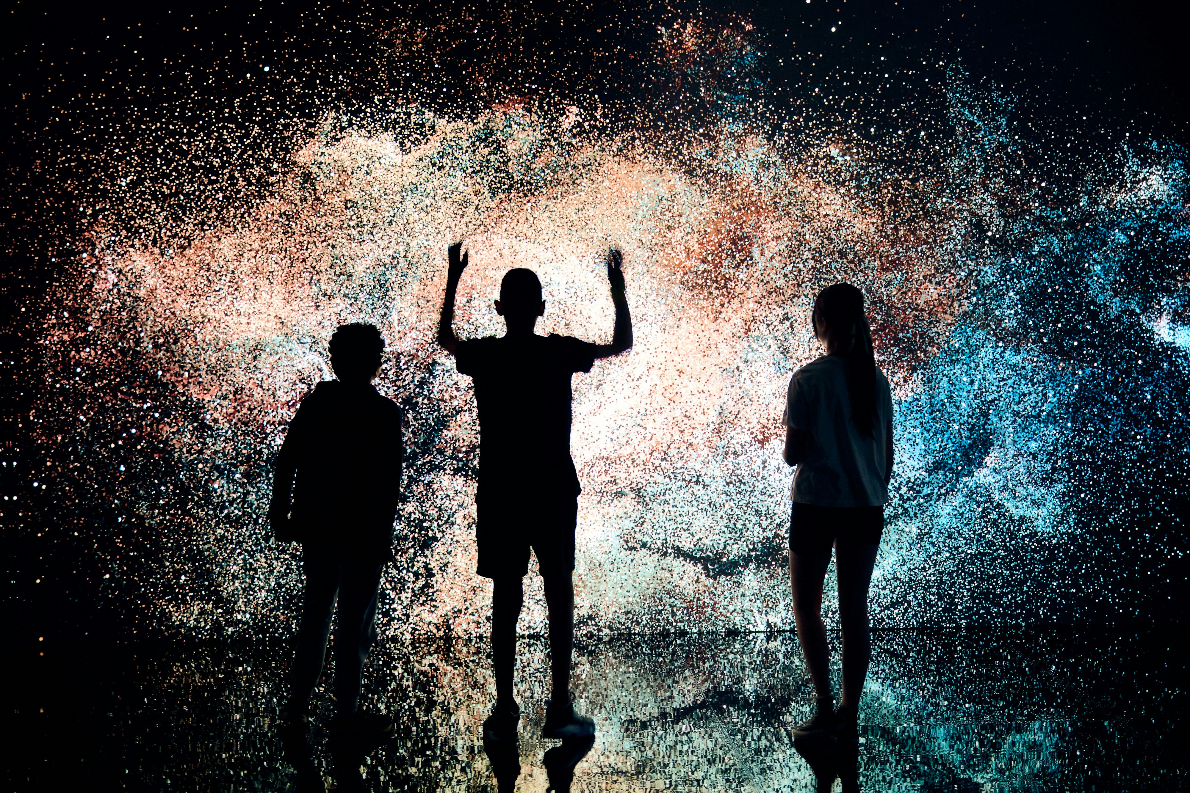 Three people are shown in silhouette standing in front of a large screen in a dark room. The screen looks like a galaxy of stars.