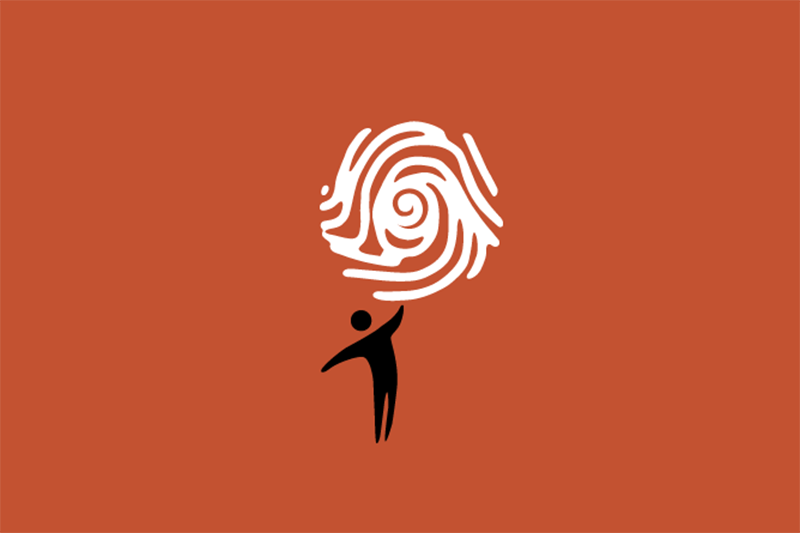 A stylised figure in black is standing under a stylised white thumbprint.