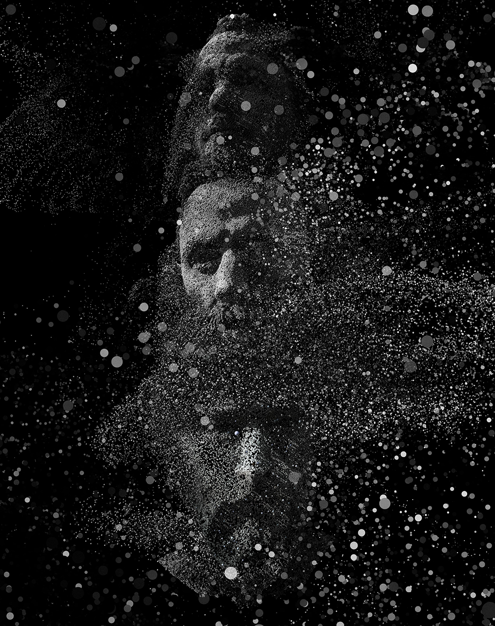 A composite photo of three heads on top of each others. There are lots of dots covering them.