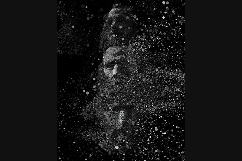 A composite photo of three heads on top of each others. There are lots of dots covering them.