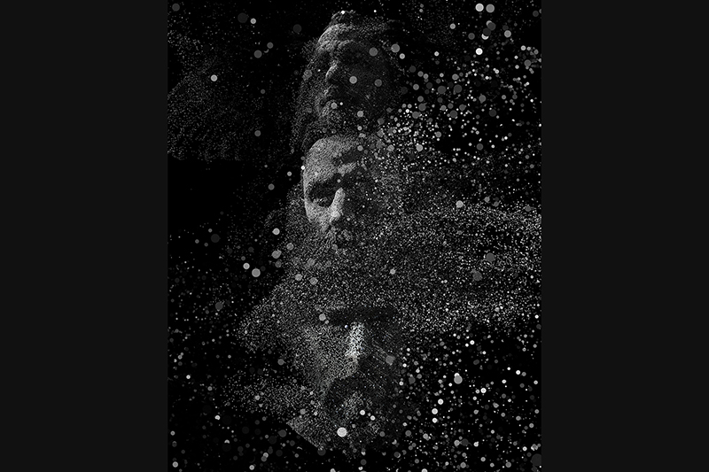 A composite photo of three heads on top of each others. There are lots of dots covering them.