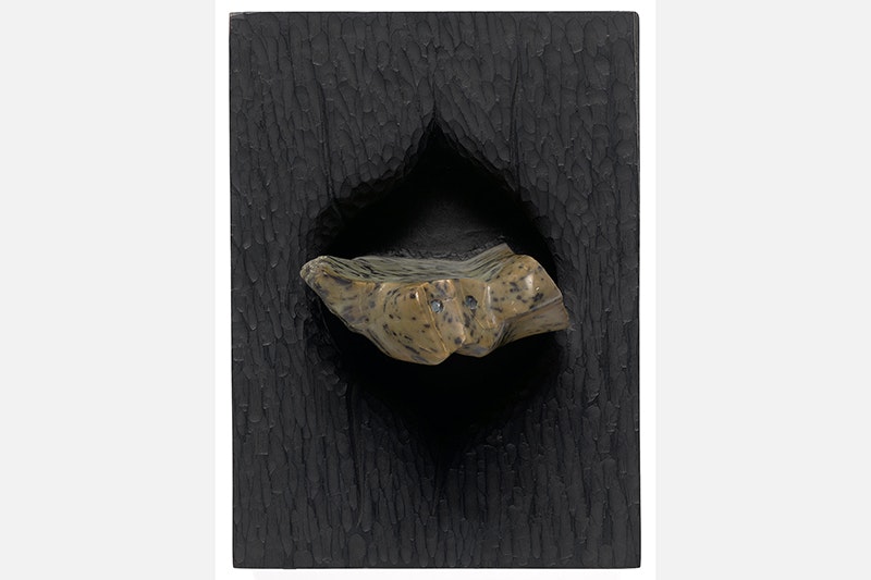 A photograph of a sculptured piece of stained kauri and nephrite on a dark wall.