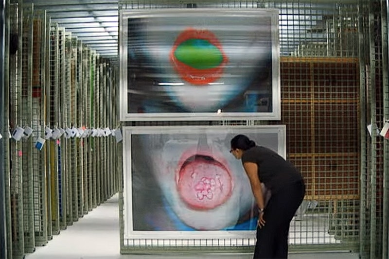 A woman is looking closely at a large photographic artwork on a rack in an art storeroom.