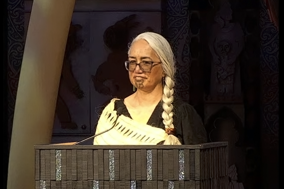 The head and shoulders of a woman standing at a podium. She has a cloak draped over one shoulder, and her hair is in a thick plait on her left side.