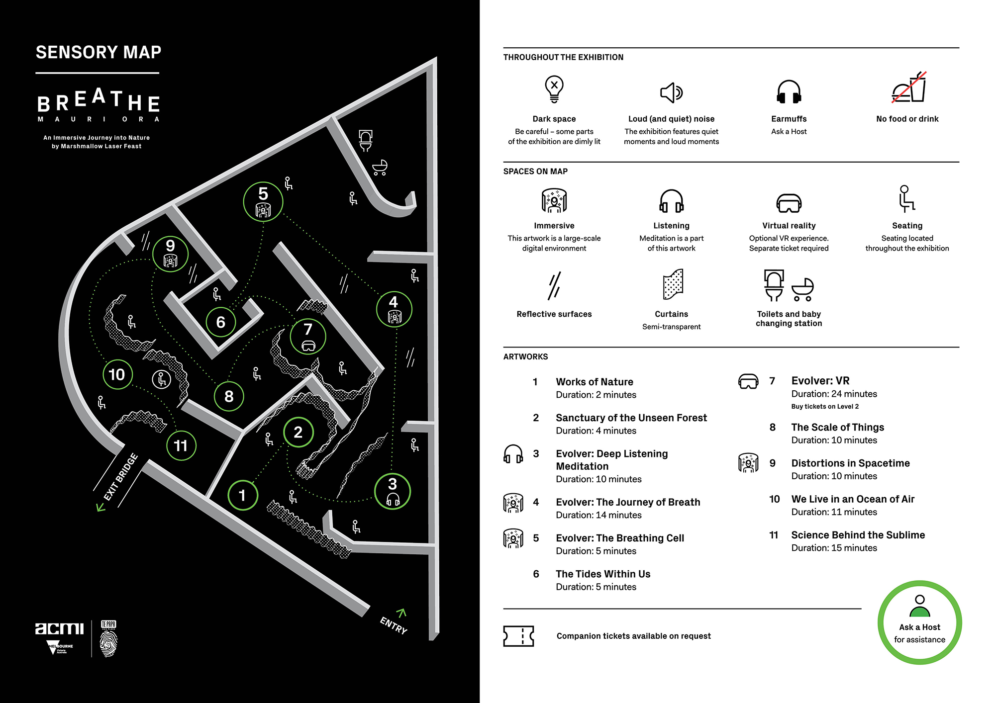 A split image with one side being black with a white-outlined map on it with different numbers for different spaces. The other side is white with black text as the key to the different spaces on the map.