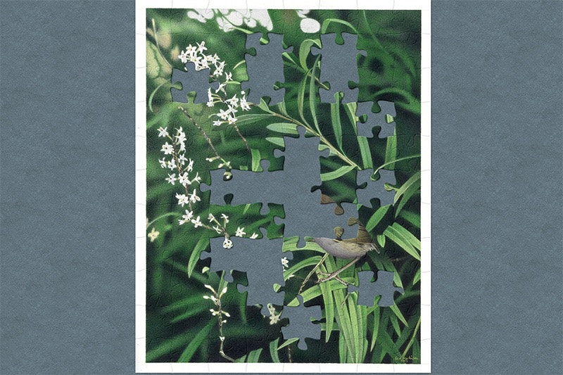 An image of a painting of grass with jigsaw shapes missing from it.