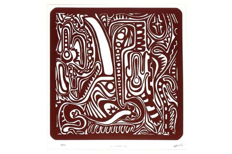 A maroon-coloured screenprint of a stylised god on white paper.