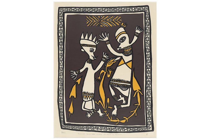 A print of two stylised figures greeting each other. There are yellow, orange and cream colours on the print.