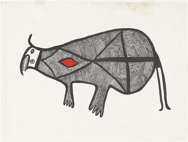 A screenprint of a creature with two legs and a tail. It is mainly black and white, and there is ared diamond where a heart might be.