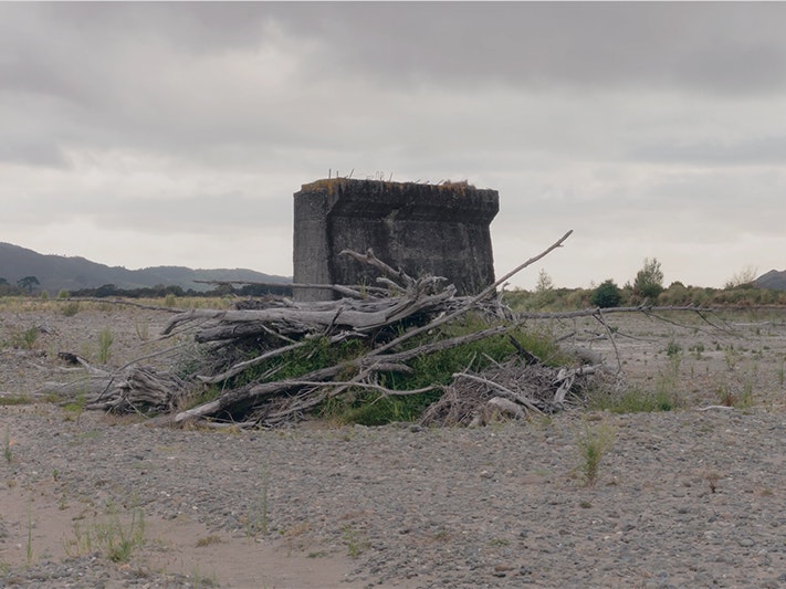 Still from Natalie Robertson, Slow Burn. 2026 Part of a bridge pier is surrounded by earth and trees.