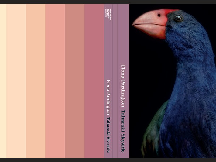 Book cover for Taharaki Skyside, Fiona Pardington book. A colour pallete is on the left-hand side, and a taxidermied tākahe bird is on the right.
