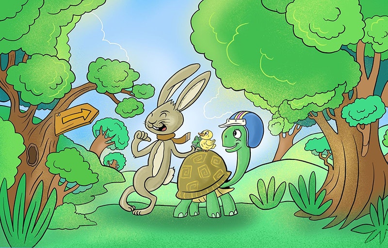 Illustration shows a smiling hare boasting beside a steady tortoise wearing a helmet while forest animals smile nearby.