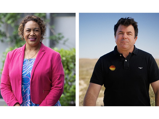 Beatrice Faumuinā and Mike Bunce Split image of two head and shoulder photos of a woman in a bright pink jacket and a man in a black tshirt
