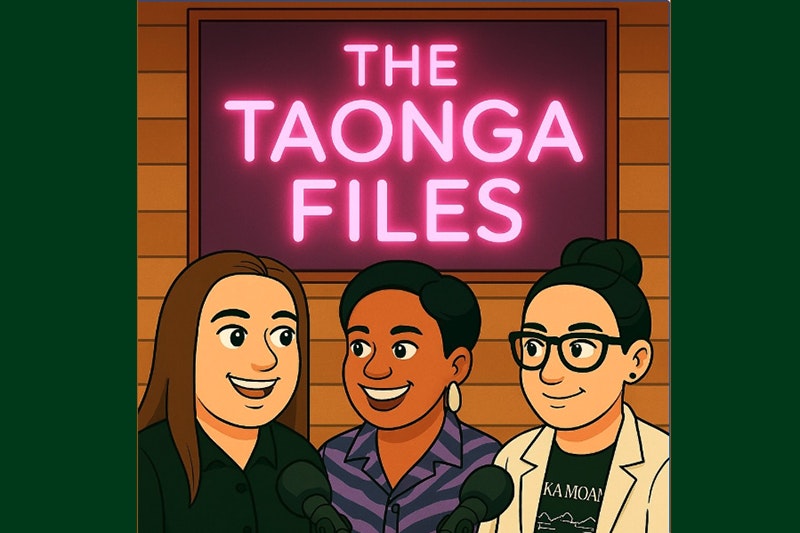 Illustration of three women smiling at each other under a neon sign that says "The Taonga Files"