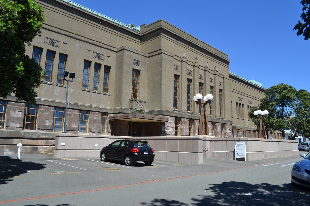 A colour photo of the front of the old Dominion Museum building in Buckle Street.