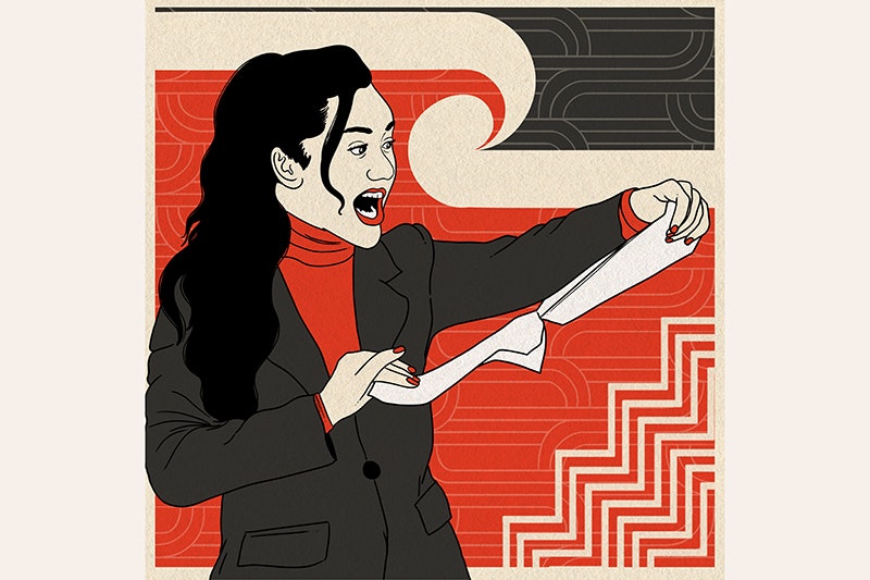 An illustration of a woman ripping up a piece of paper. There is the Tino Rangitiratanga design behind her.