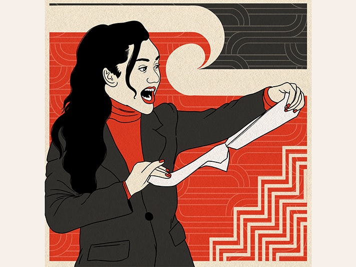 Hana-Rāwhiti Maipi-Clarke, Huriana Kopeke-Te Aho; artist; Nov 2024; New Zealand Sam Rillstone; photographer; 14 Nov 2024; New Zealand. Purchased 2025. Te Papa (GH026804) An illustration of a woman ripping up a piece of paper. There is the Tino Rangitiratanga design behind her.