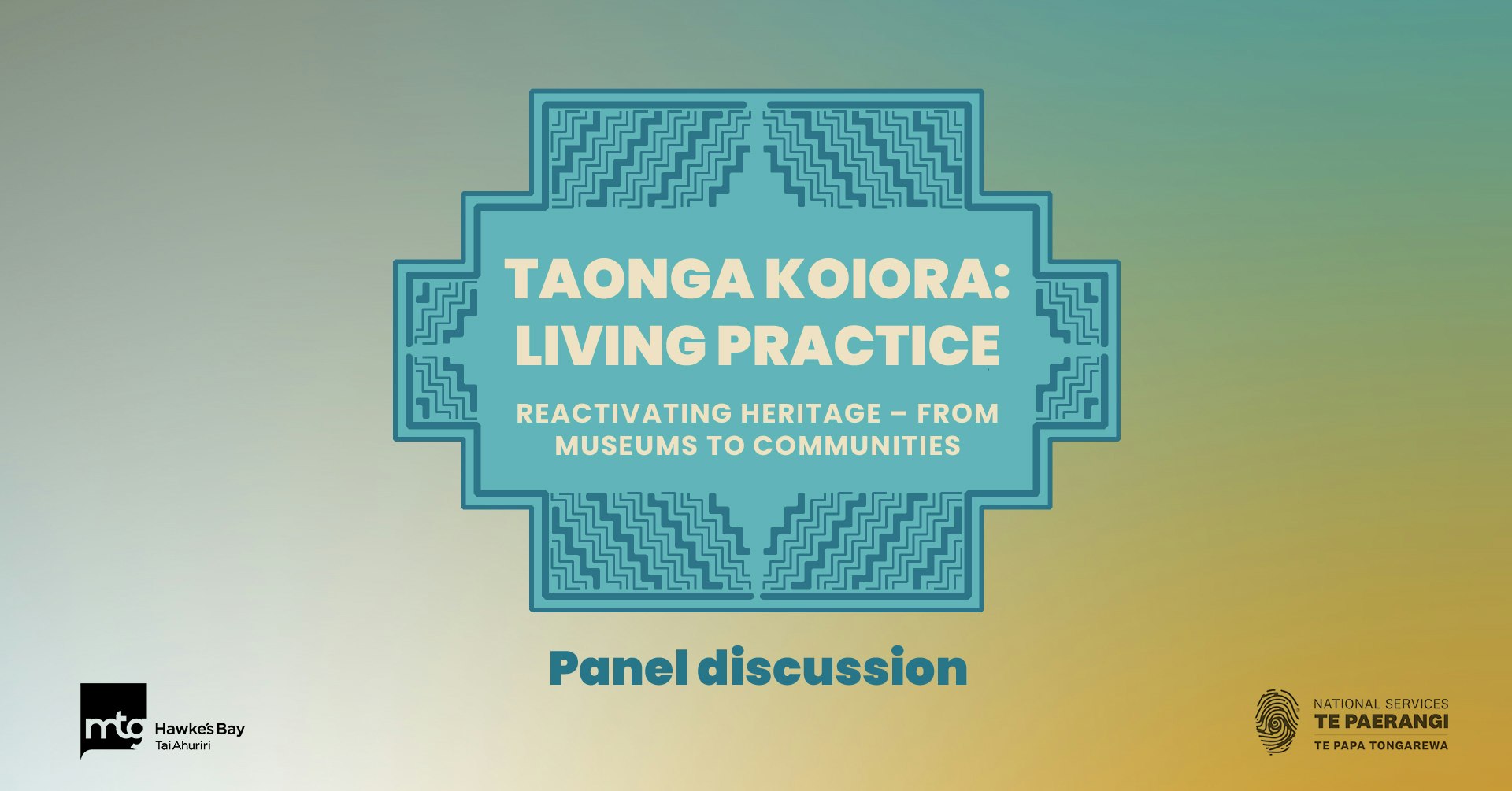 An event logo, blue steps in poutama design with the words Taonga Koiora: Living Practice in the centre
