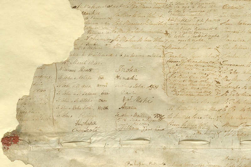 A crop of te Tiriti o Waitang with parts missing.