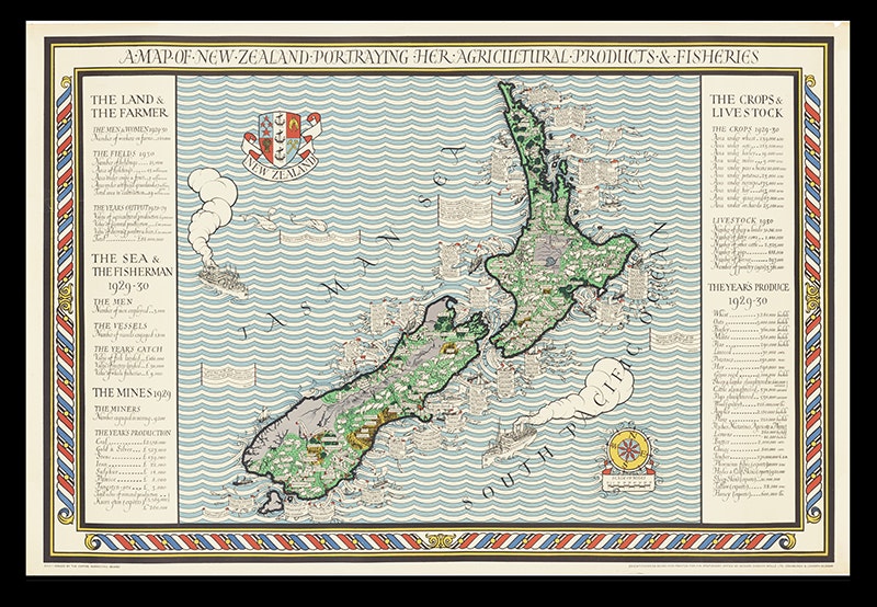 A printed map of New Zealand with a column of text down each side of the page.