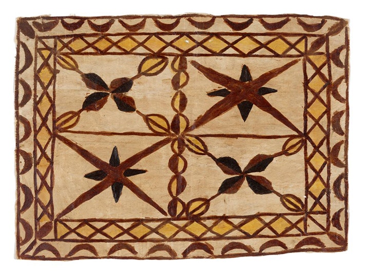Siapo mamanu (tapa cloth), maker unknown. Gift of Mrs F.W. Moor, 1970. Te Papa (FE005722) A piece of barkcloth with designs painted on it.
