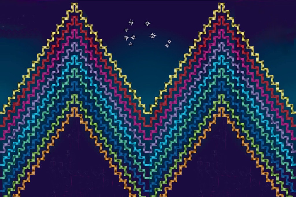 An illustration of tukutuku pattern with the Matariki stars in the top centre.