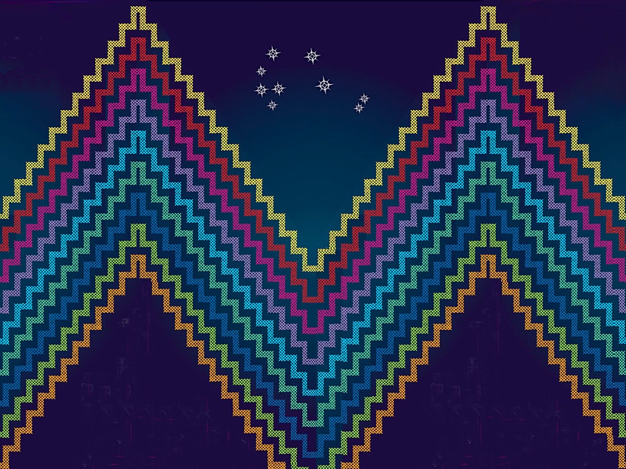 Hononga Matariki tile An illustration of tukutuku pattern with the Matariki stars in the top centre.