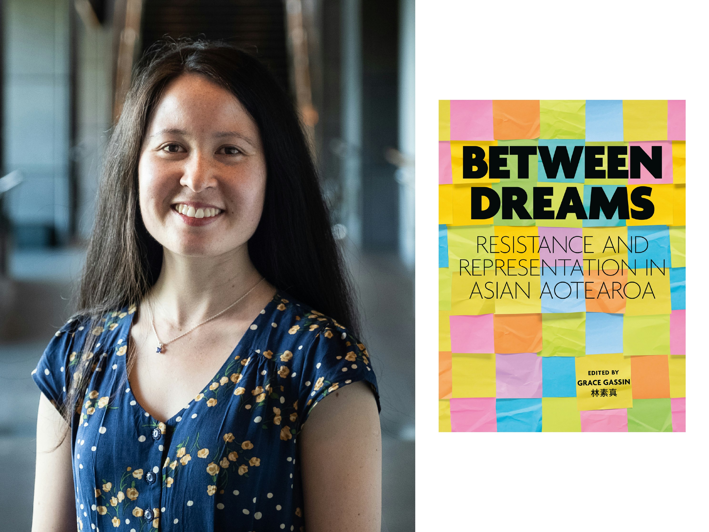 picture of Grace Gasson, with the cover of the book Between Dreams  next to her