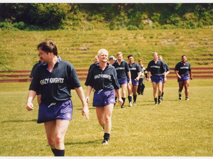 Krazy Knights rugby team players, 25 October 1998, New Zealand, by Kalvin Sankoli. Gift of Alan Bracegirdle, 2020. Te Papa (O.049078)