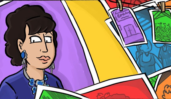 An illustrated comic panel showing a rainbow of photos. The foreground photo is a head and shoulders portrait of a smiling Chrissy Witoko with brown curly hair and a fringe, silver dangly earrings with a large blue stone, and a matching necklace over a blue top. Some photos pegged on a line to dry in the background.